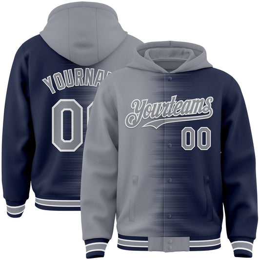 Custom Gray Navy-White Gradient Line Bomber Full-Snap Varsity Letterman Hoodie Jacket - Main View
