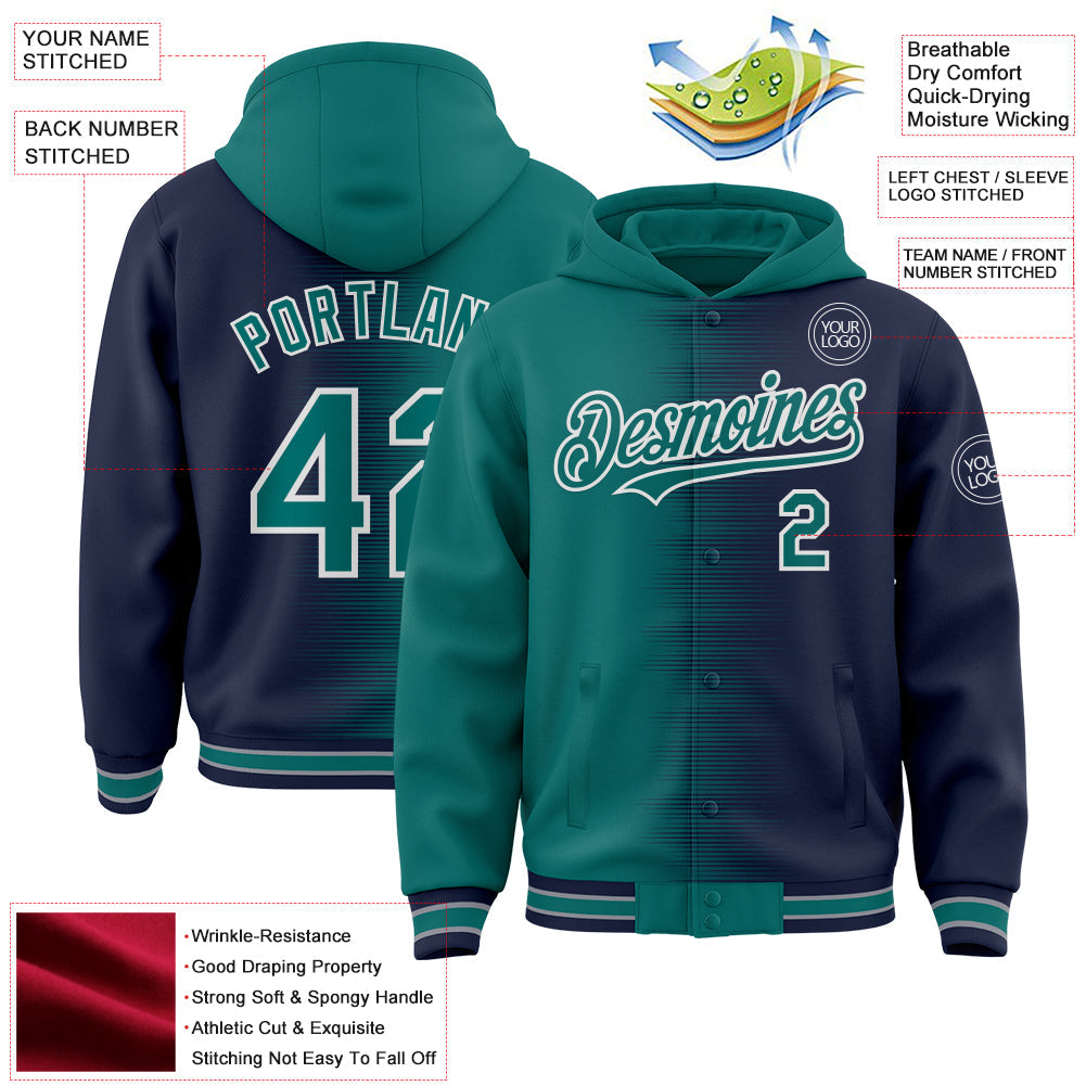 Custom Teal Navy-White Gradient Line Bomber Full-Snap Varsity Letterman Hoodie Jacket view 4