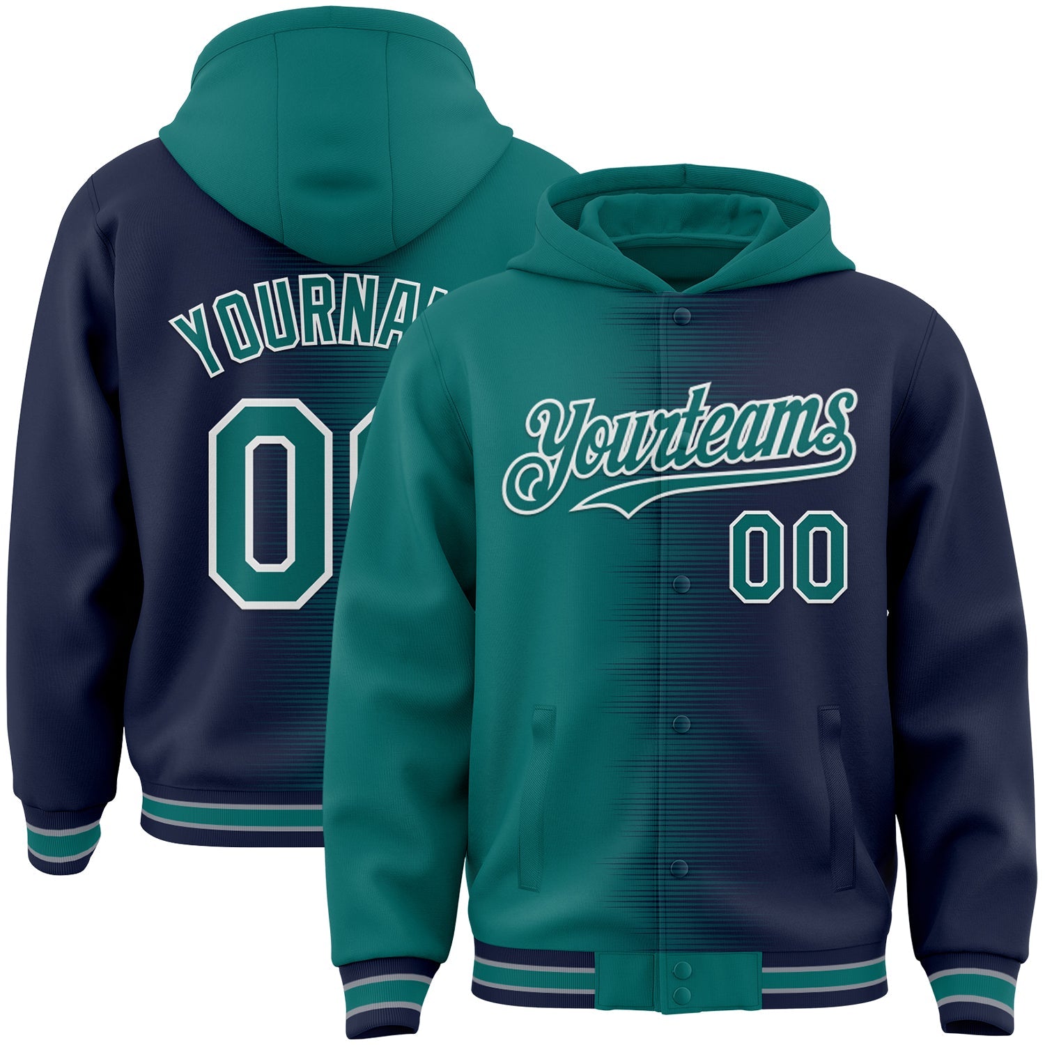 Custom Teal Navy-White Gradient Line Bomber Full-Snap Varsity Letterman Hoodie Jacket - Main View