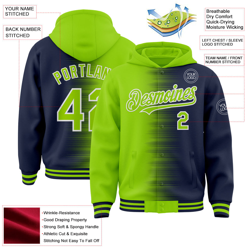 Custom Neon Green Navy-White Gradient Line Bomber Full-Snap Varsity Letterman Hoodie Jacket view 4