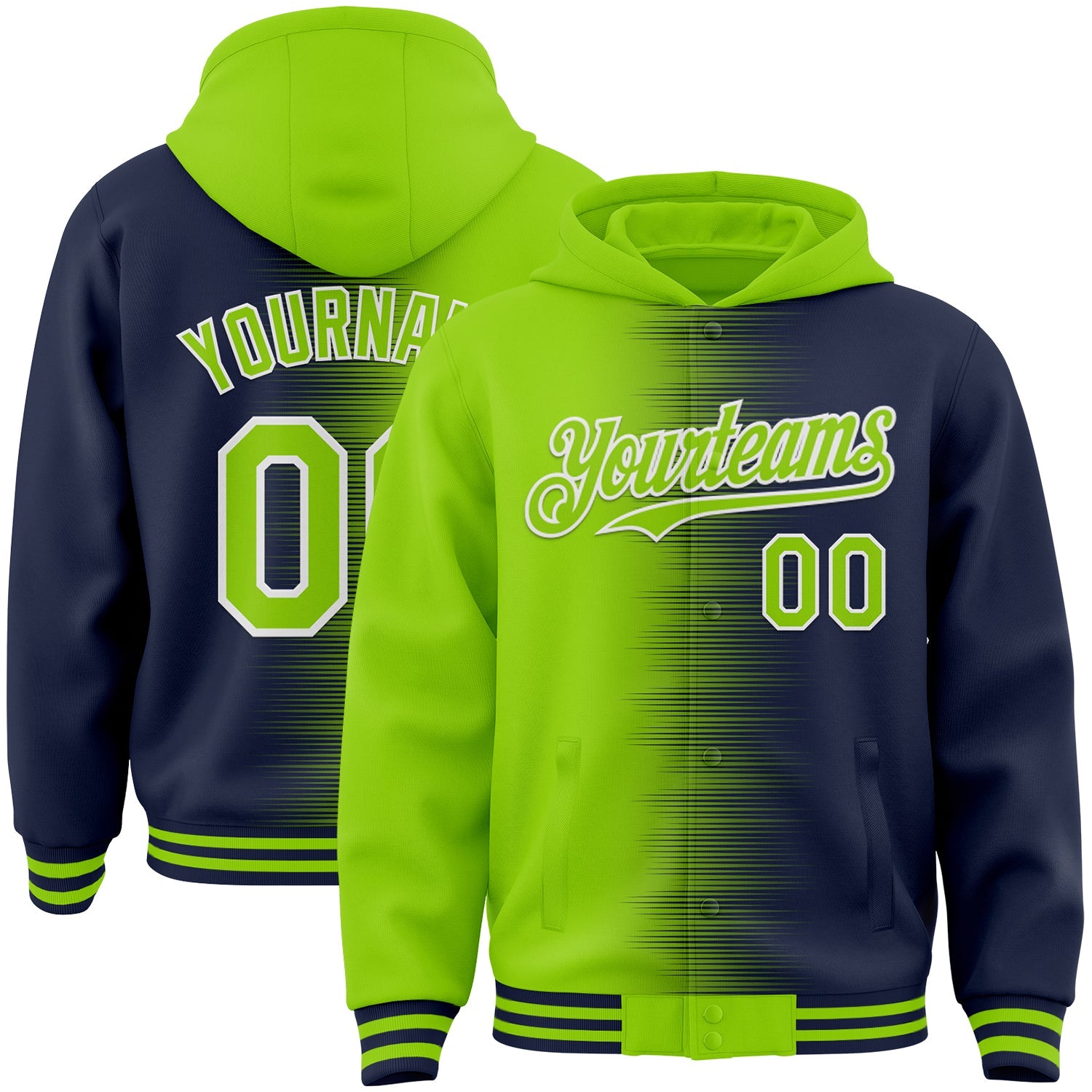 Custom Neon Green Navy-White Gradient Line Bomber Full-Snap Varsity Letterman Hoodie Jacket - Main View