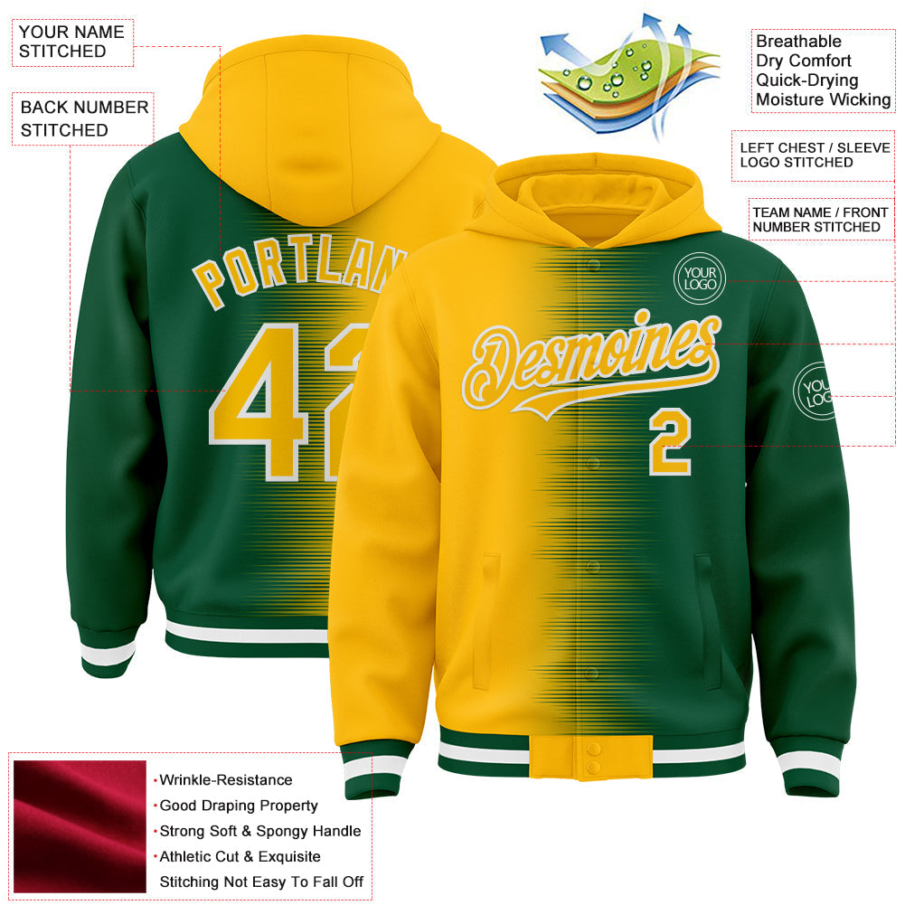 Custom Gold Kelly Green-White Gradient Line Bomber Full-Snap Varsity Letterman Hoodie Jacket view 4
