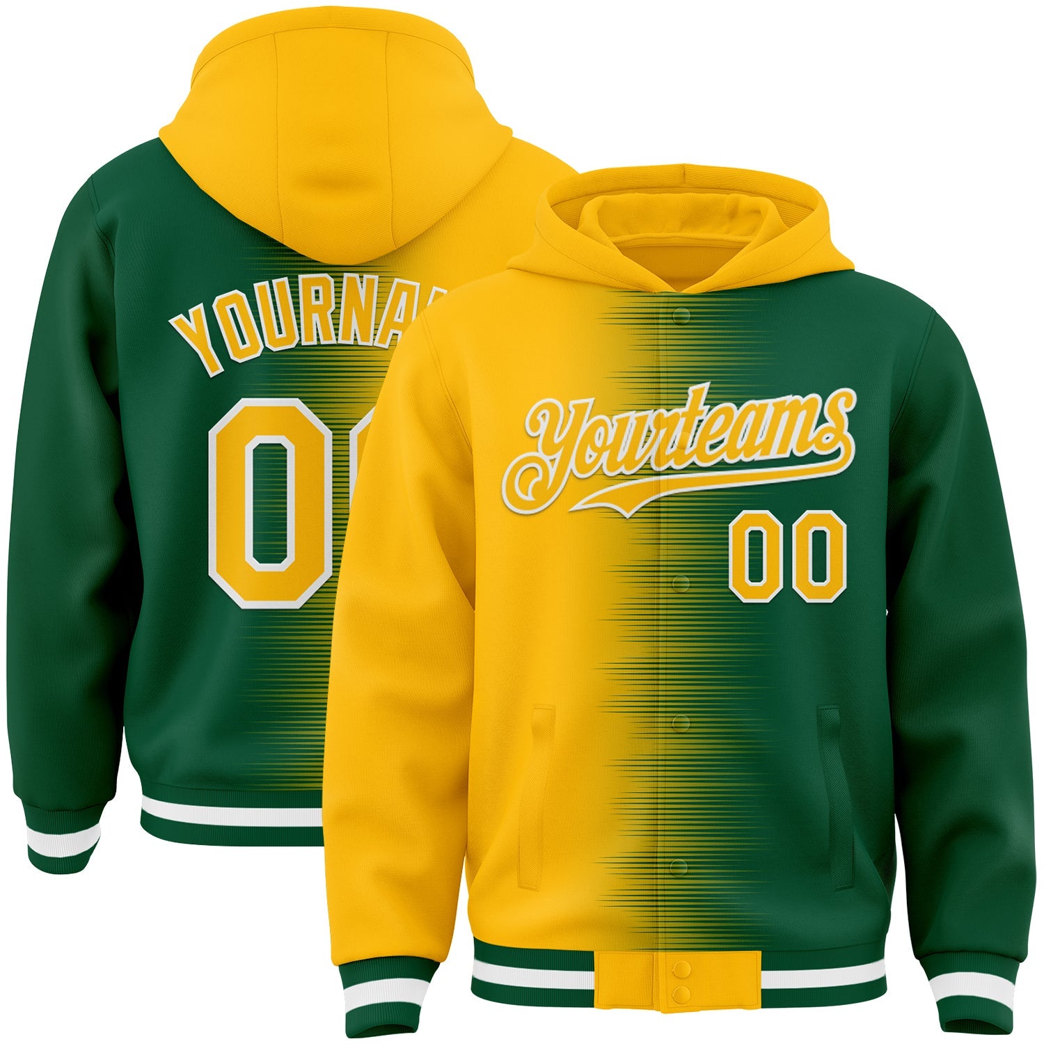 Custom Gold Kelly Green-White Gradient Line Bomber Full-Snap Varsity Letterman Hoodie Jacket - Main View