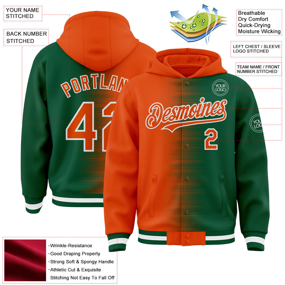 Custom Orange Kelly Green-White Gradient Line Bomber Full-Snap Varsity Letterman Hoodie Jacket view 4