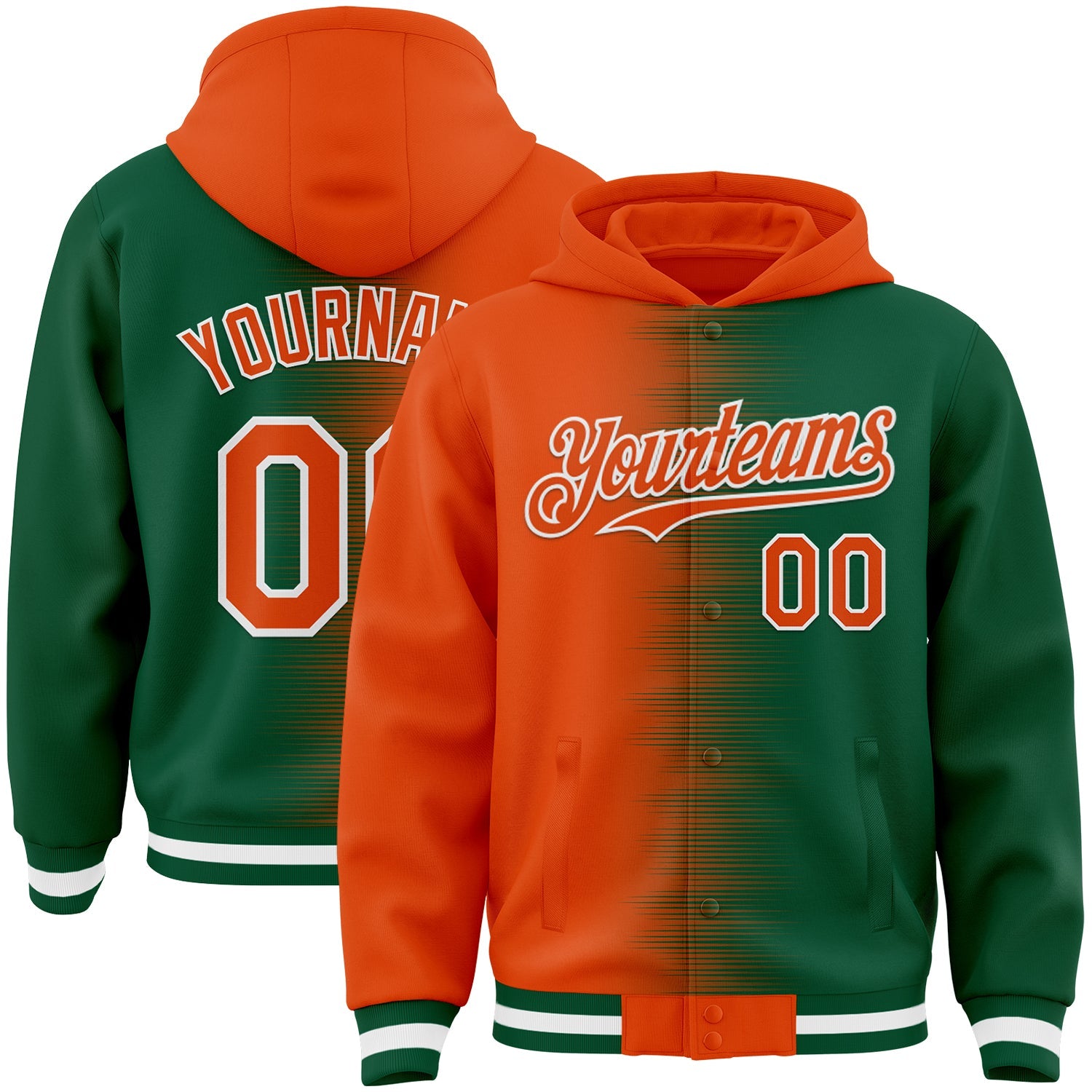 Custom Orange Kelly Green-White Gradient Line Bomber Full-Snap Varsity Letterman Hoodie Jacket - Main View