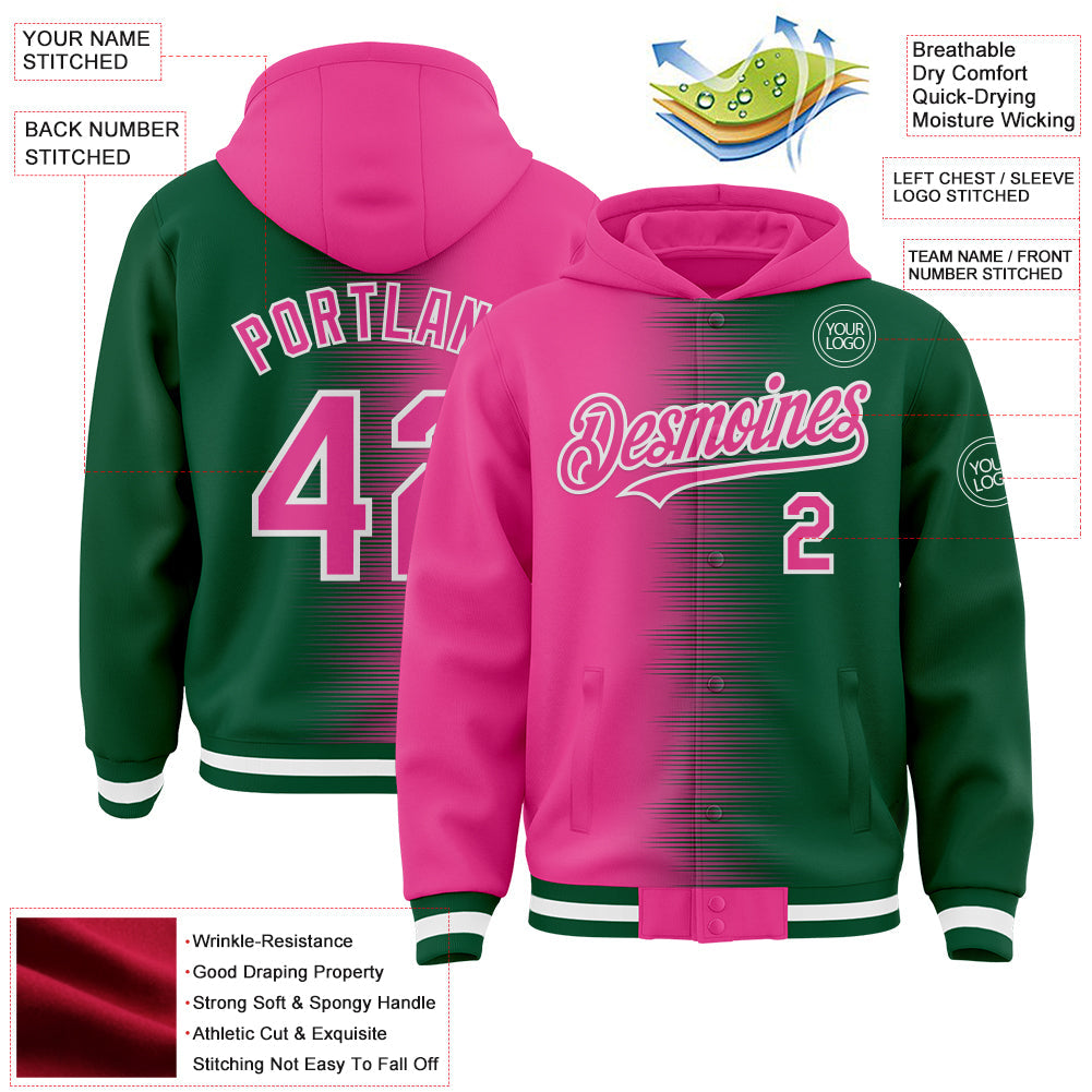 Custom Pink Kelly Green-White Gradient Line Bomber Full-Snap Varsity Letterman Hoodie Jacket view 4