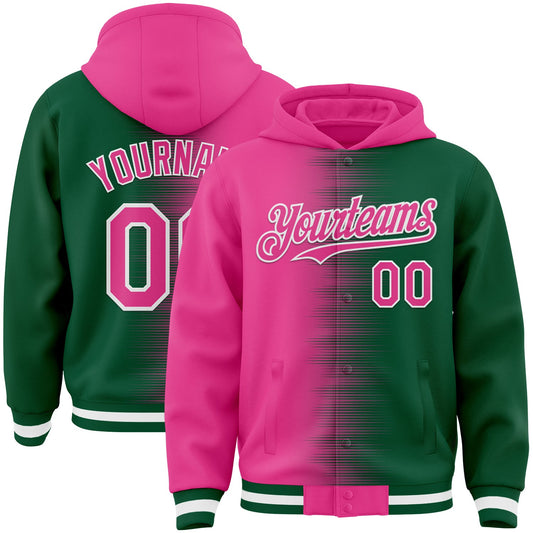 Custom Pink Kelly Green-White Gradient Line Bomber Full-Snap Varsity Letterman Hoodie Jacket - Main View