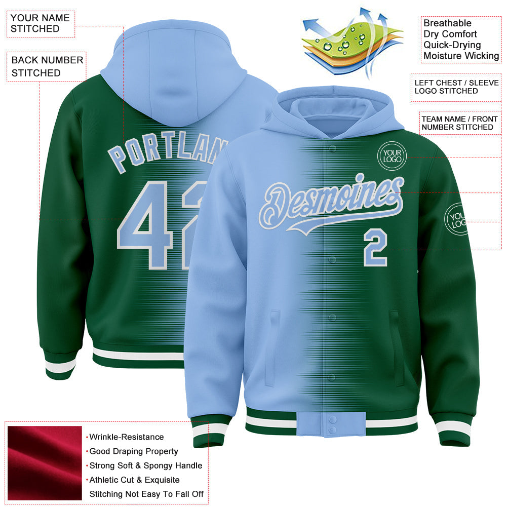 Custom Light Blue Kelly Green-White Gradient Line Bomber Full-Snap Varsity Letterman Hoodie Jacket view 4
