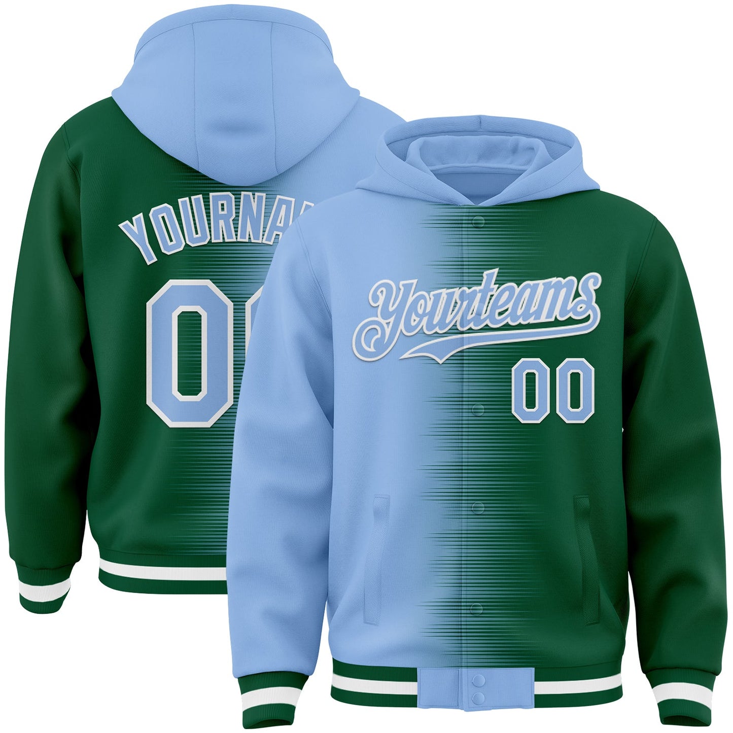 Custom Light Blue Kelly Green-White Gradient Line Bomber Full-Snap Varsity Letterman Hoodie Jacket - Main View