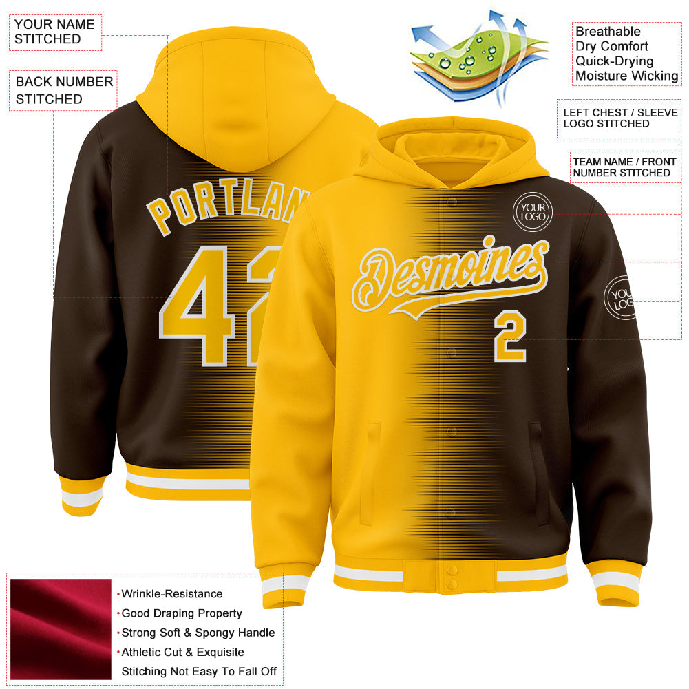 Custom Gold Brown-White Gradient Line Bomber Full-Snap Varsity Letterman Hoodie Jacket view 4