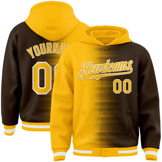 Custom Gold Brown-White Gradient Line Bomber Full-Snap Varsity Letterman Hoodie Jacket - Main View