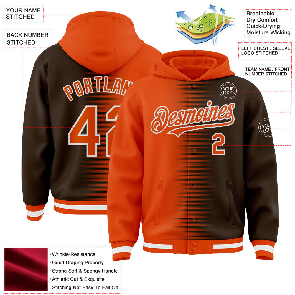 Custom Orange Brown-White Gradient Line Bomber Full-Snap Varsity Letterman Hoodie Jacket view 4