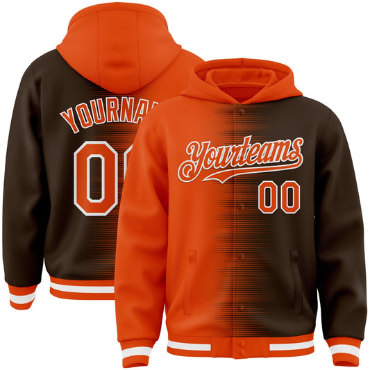 Custom Orange Brown-White Gradient Line Bomber Full-Snap Varsity Letterman Hoodie Jacket - Main View