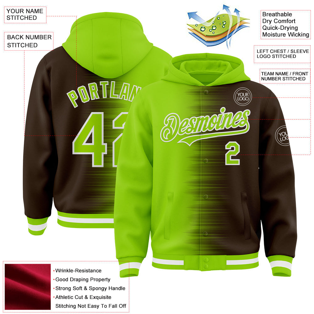 Custom Neon Green Brown-White Gradient Line Bomber Full-Snap Varsity Letterman Hoodie Jacket view 4