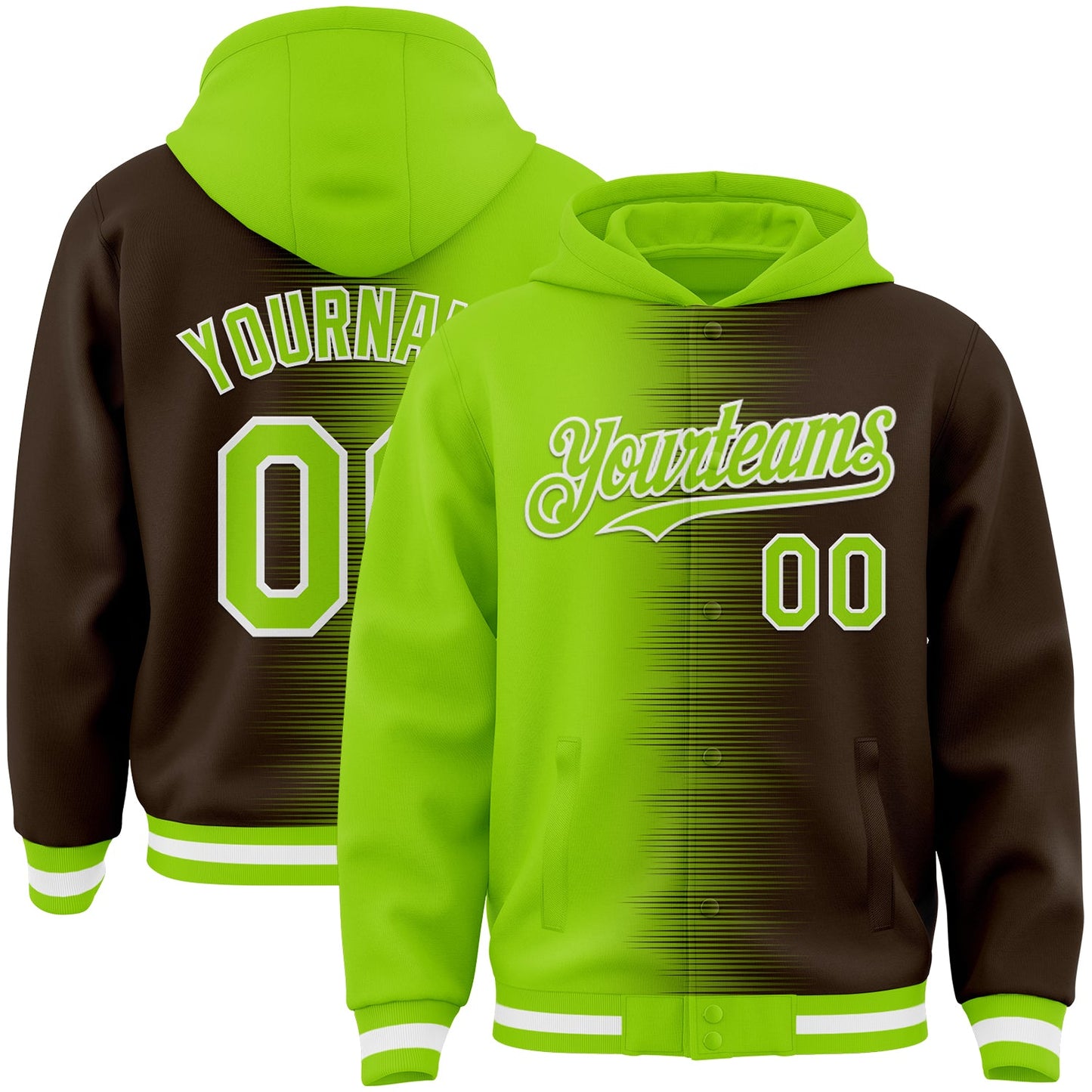 Custom Neon Green Brown-White Gradient Line Bomber Full-Snap Varsity Letterman Hoodie Jacket - Main View