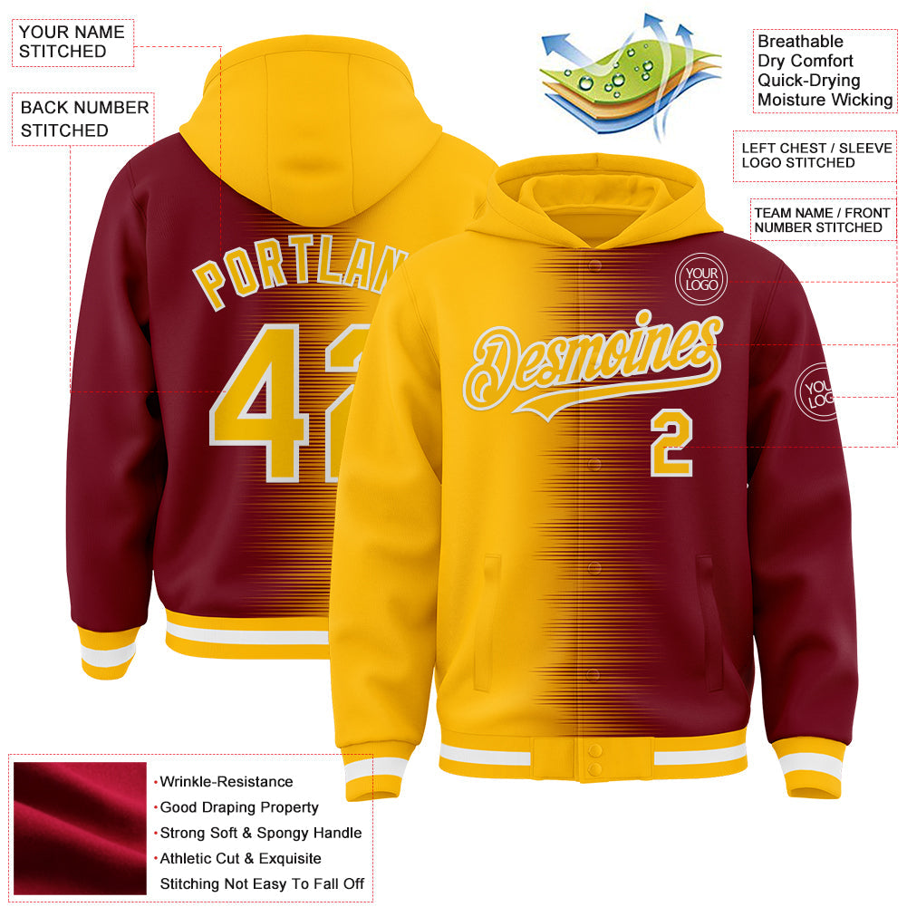 Custom Gold Crimson-White Gradient Line Bomber Full-Snap Varsity Letterman Hoodie Jacket view 4