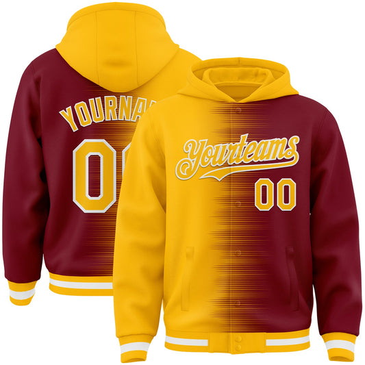 Custom Gold Crimson-White Gradient Line Bomber Full-Snap Varsity Letterman Hoodie Jacket - Main View