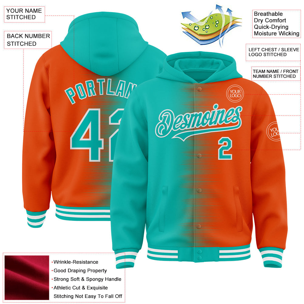 Custom Aqua Orange-White Gradient Line Bomber Full-Snap Varsity Letterman Hoodie Jacket view 4
