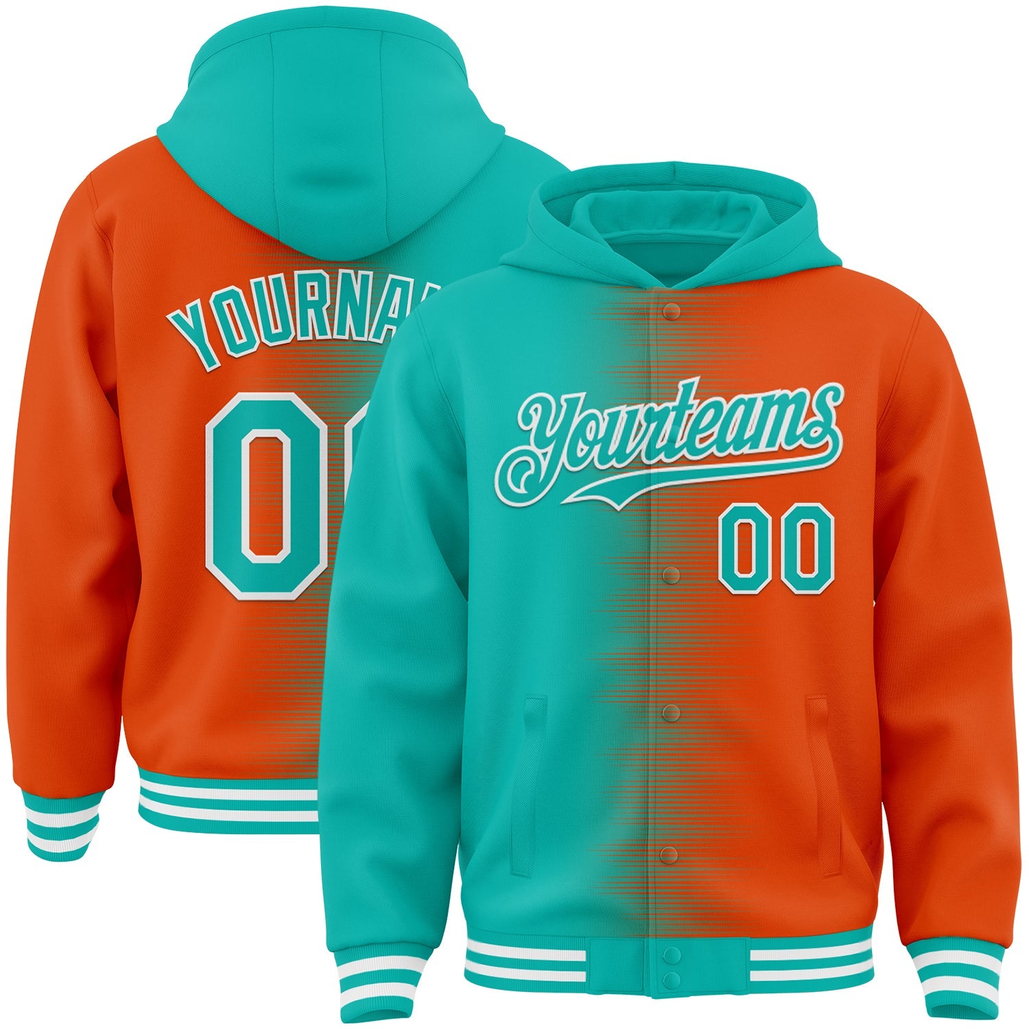 Custom Aqua Orange-White Gradient Line Bomber Full-Snap Varsity Letterman Hoodie Jacket - Main View
