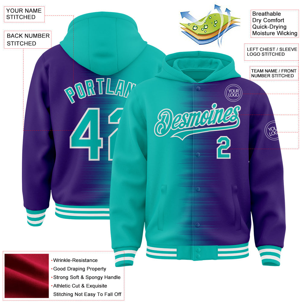 Custom Aqua Purple-White Gradient Line Bomber Full-Snap Varsity Letterman Hoodie Jacket view 4