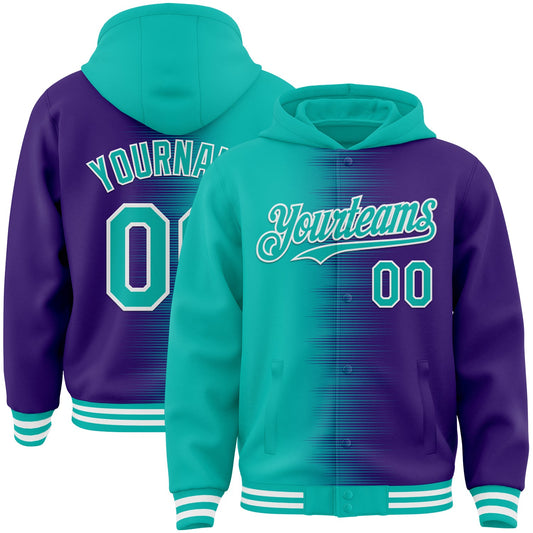 Custom Aqua Purple-White Gradient Line Bomber Full-Snap Varsity Letterman Hoodie Jacket - Main View