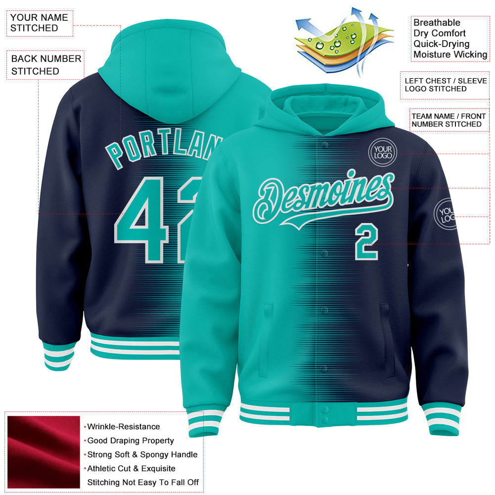 Custom Aqua Navy-White Gradient Line Bomber Full-Snap Varsity Letterman Hoodie Jacket view 4