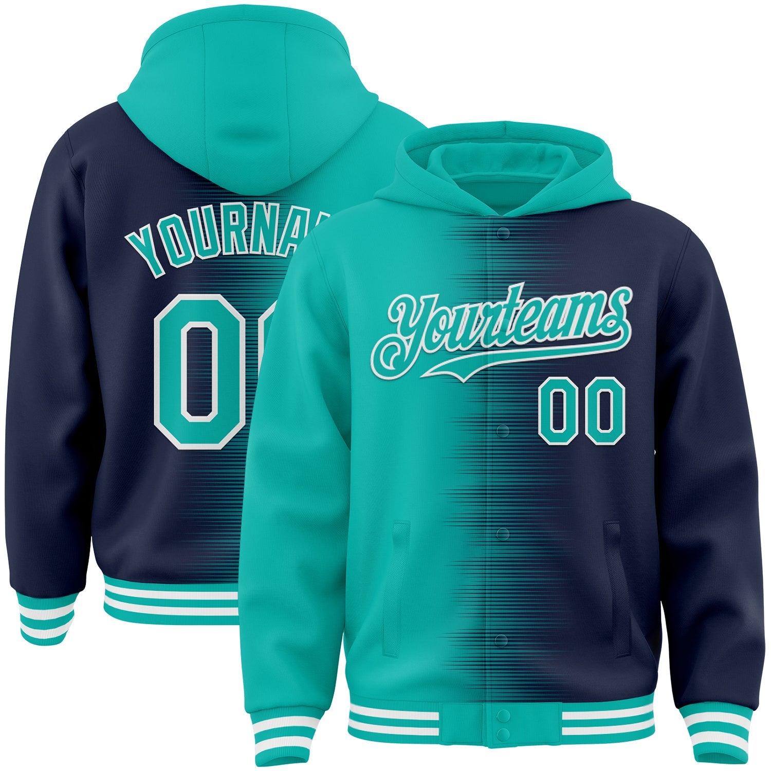 Custom Aqua Navy-White Gradient Line Bomber Full-Snap Varsity Letterman Hoodie Jacket - Main View