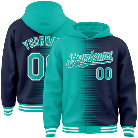 Custom Aqua Navy-White Gradient Line Bomber Full-Snap Varsity Letterman Hoodie Jacket - Main View
