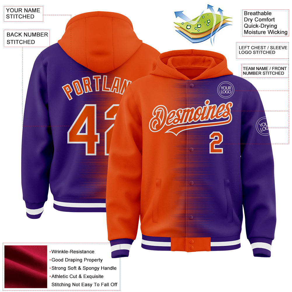 Custom Orange Purple-White Gradient Line Bomber Full-Snap Varsity Letterman Hoodie Jacket view 4