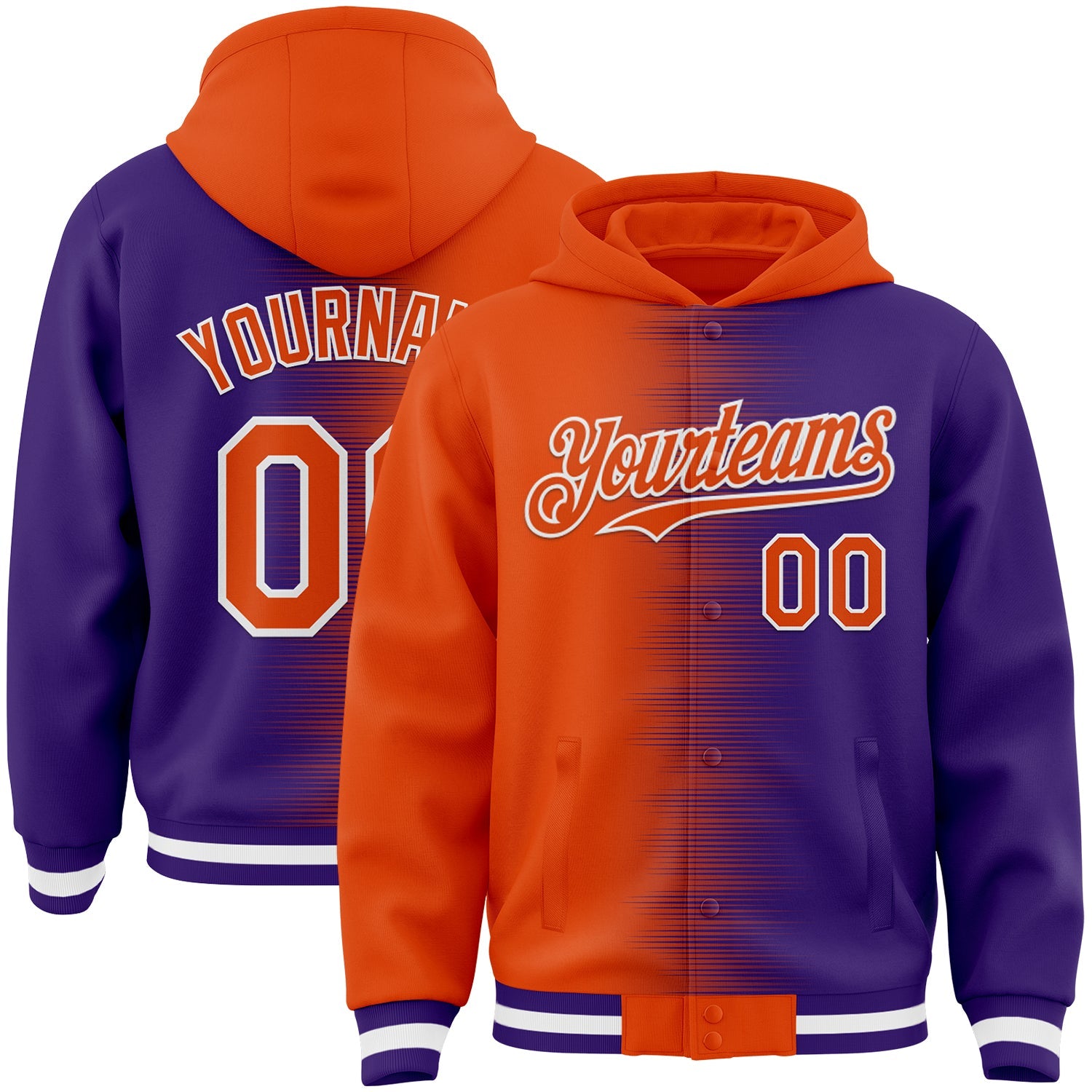 Custom Orange Purple-White Gradient Line Bomber Full-Snap Varsity Letterman Hoodie Jacket - Main View