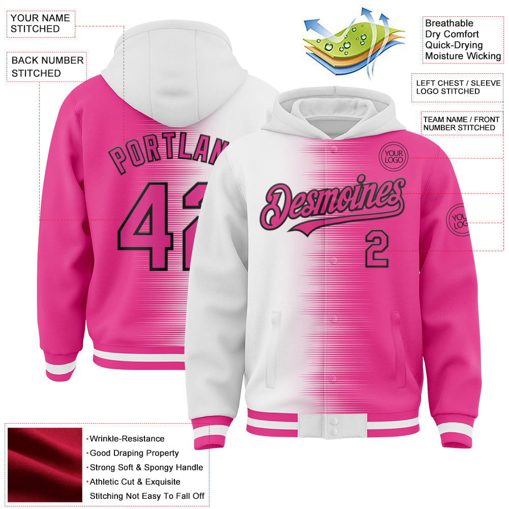 Custom White Pink-Black Gradient Line Bomber Full-Snap Varsity Letterman Hoodie Jacket view 4