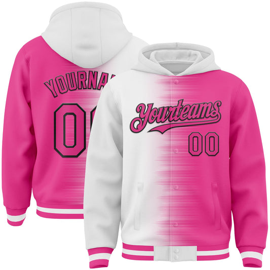 Custom White Pink-Black Gradient Line Bomber Full-Snap Varsity Letterman Hoodie Jacket - Main View