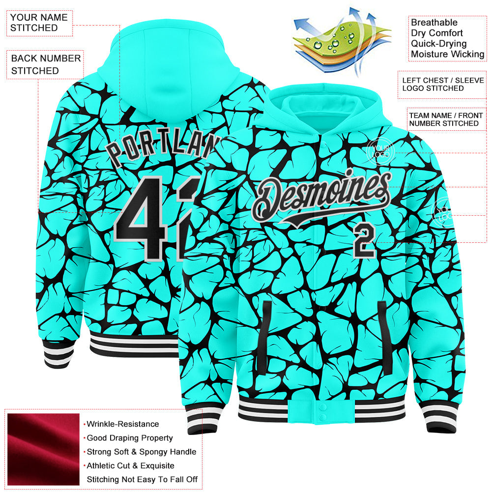 Custom Aqua Black-White Abstract Network Bomber Full-Snap Varsity Letterman Hoodie Jacket view 4