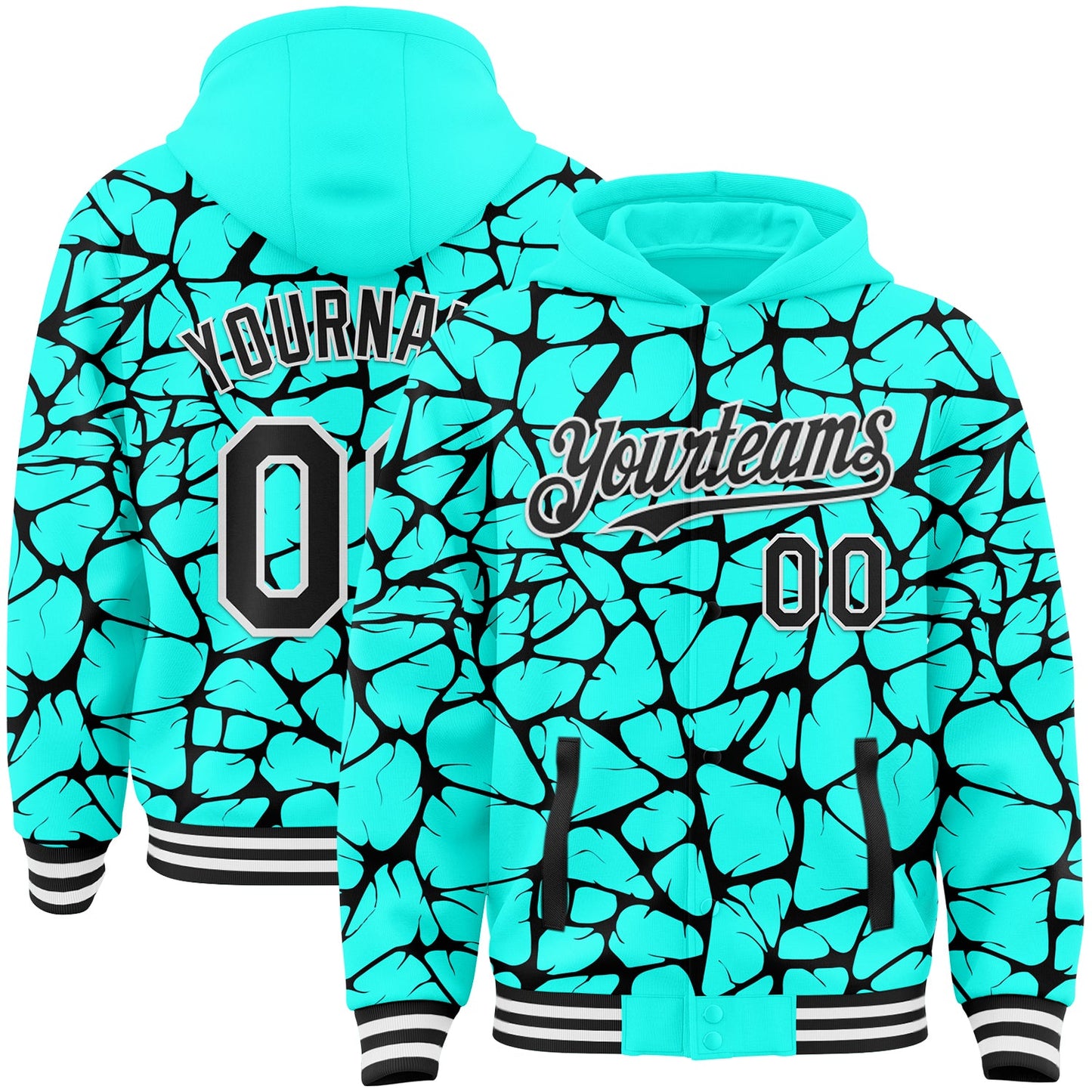Custom Aqua Black-White Abstract Network Bomber Full-Snap Varsity Letterman Hoodie Jacket - Main View