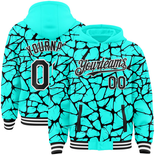 Custom Aqua Black-White Abstract Network Bomber Full-Snap Varsity Letterman Hoodie Jacket - Main View