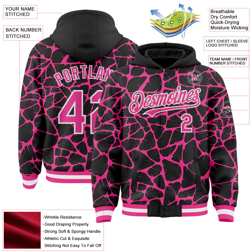 Custom Black Pink-White Abstract Network Bomber Full-Snap Varsity Letterman Hoodie Jacket view 4