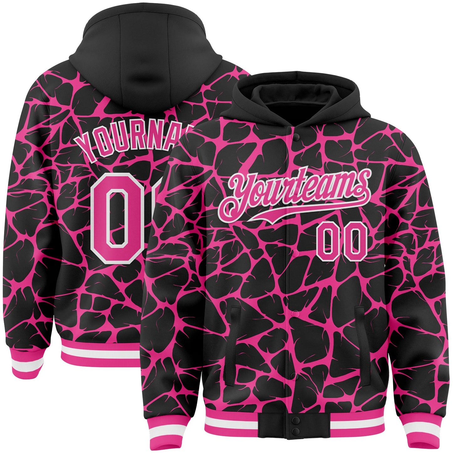 Custom Black Pink-White Abstract Network Bomber Full-Snap Varsity Letterman Hoodie Jacket - Main View
