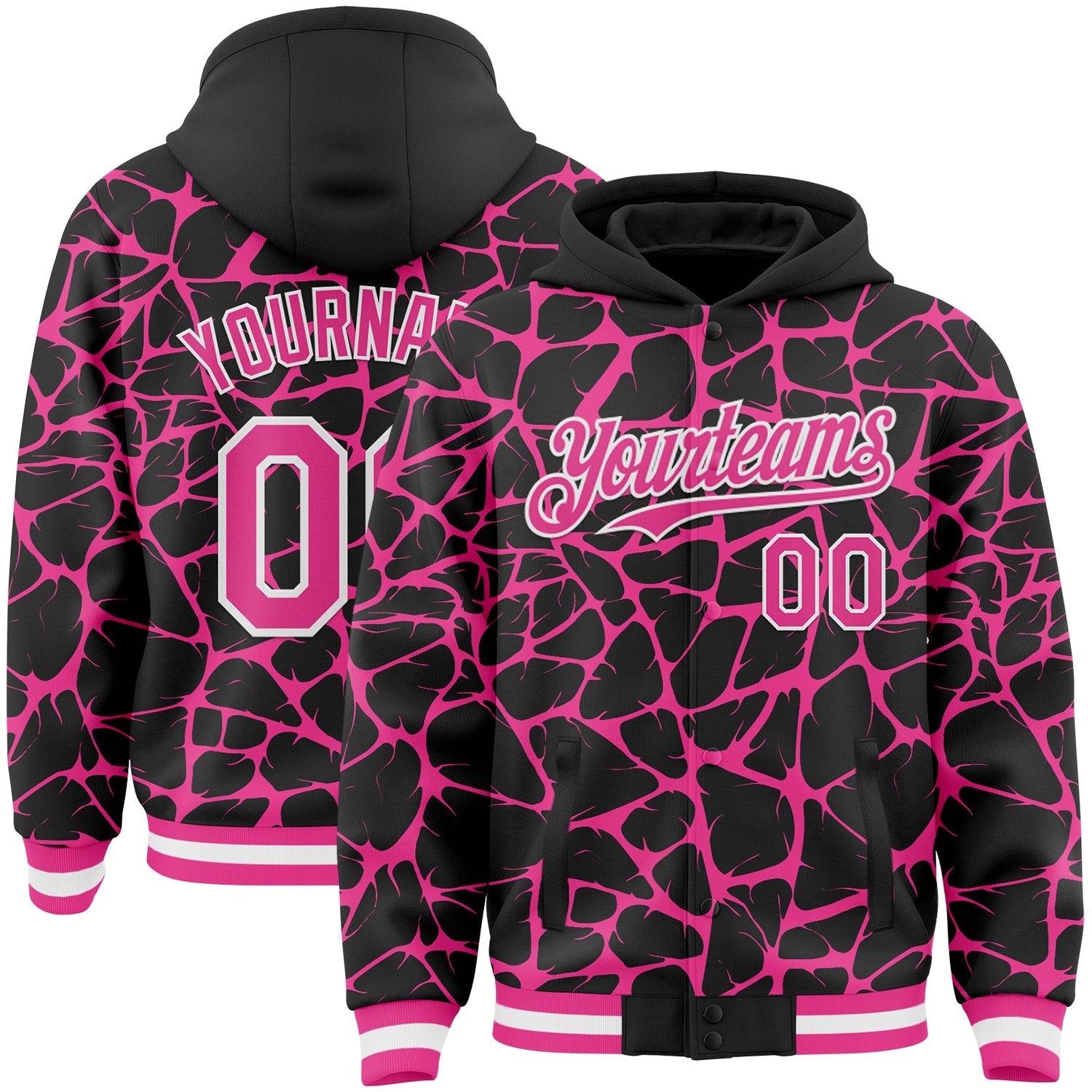Custom Black Pink-White Abstract Network Bomber Full-Snap Varsity Letterman Hoodie Jacket - Main View