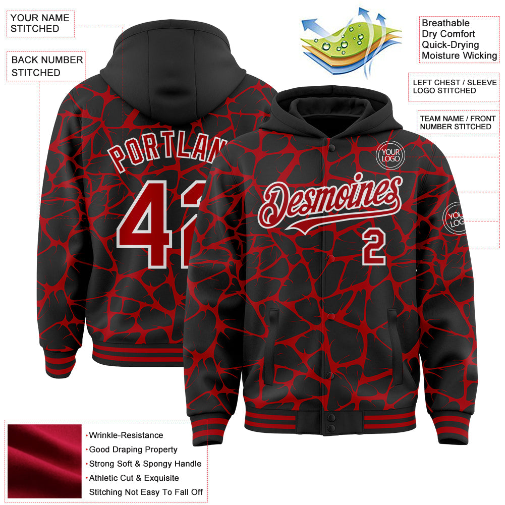 Custom Black Red-White Abstract Network Bomber Full-Snap Varsity Letterman Hoodie Jacket view 4