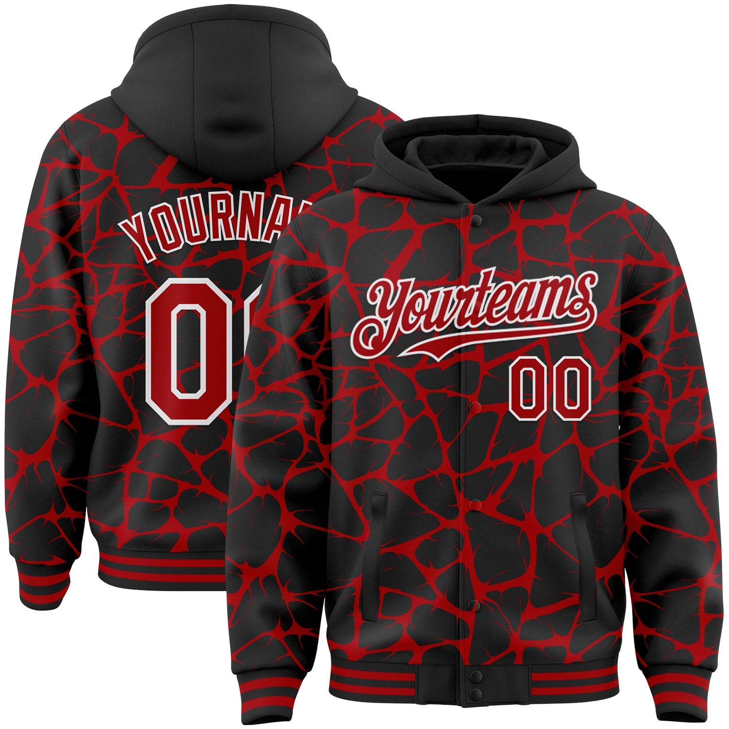 Custom Black Red-White Abstract Network Bomber Full-Snap Varsity Letterman Hoodie Jacket - Main View