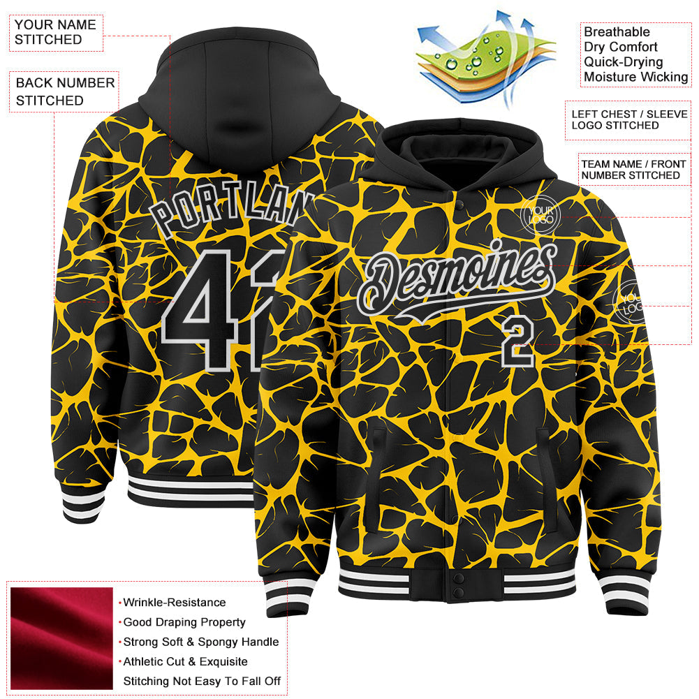 Custom Black Yellow-White Abstract Network Bomber Full-Snap Varsity Letterman Hoodie Jacket view 4