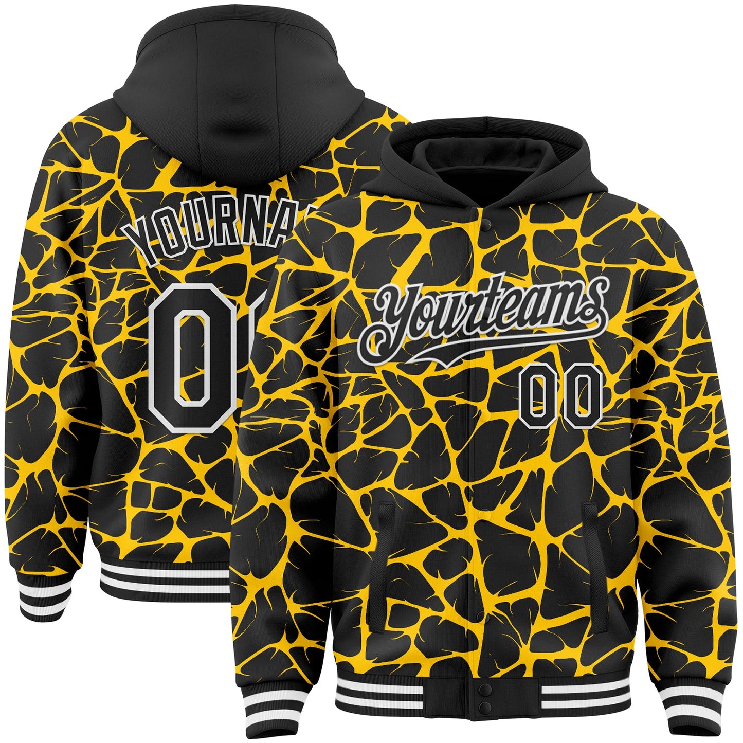 Custom Black Yellow-White Abstract Network Bomber Full-Snap Varsity Letterman Hoodie Jacket - Main View