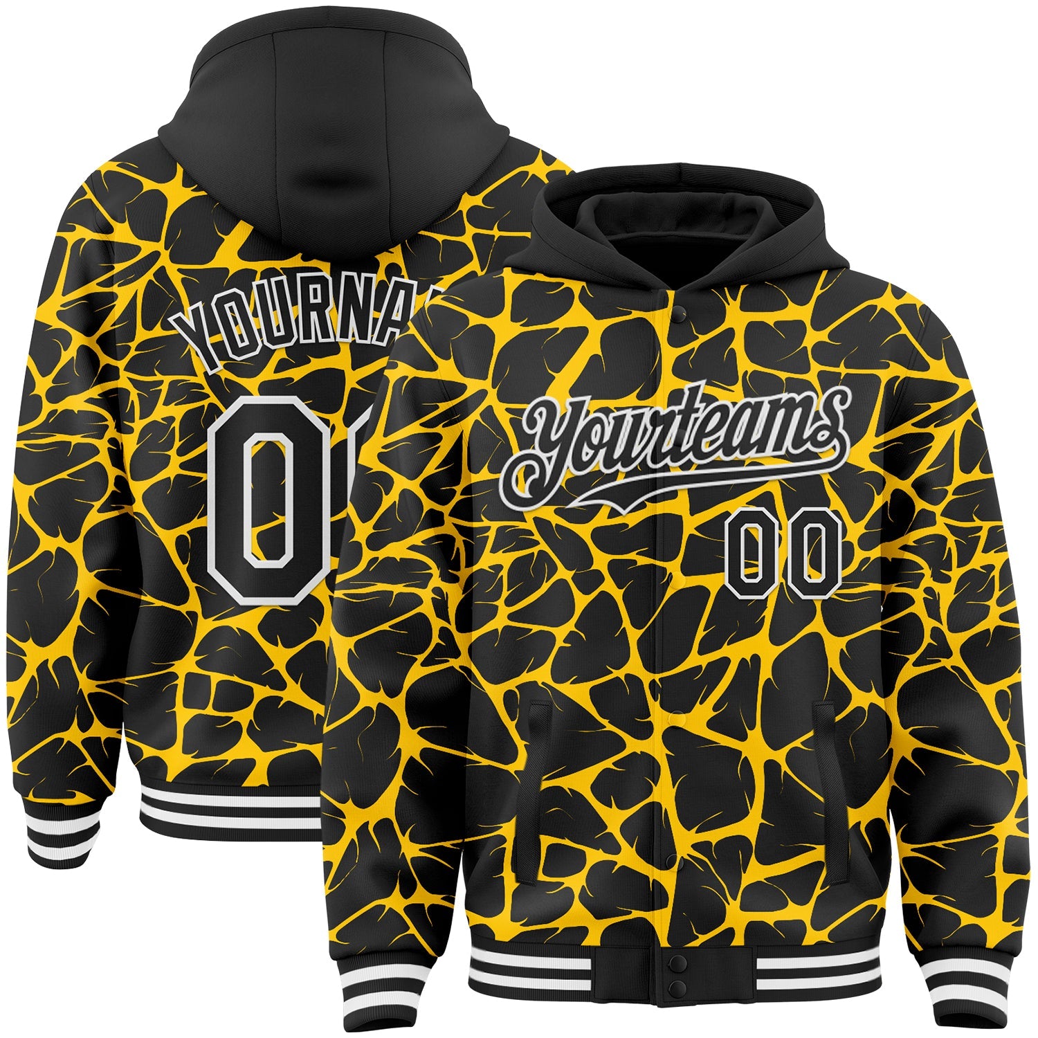 Custom Black Yellow-White Abstract Network Bomber Full-Snap Varsity Letterman Hoodie Jacket - Main View