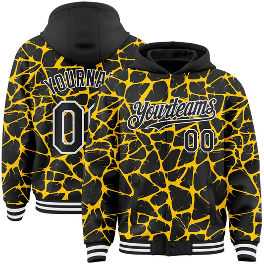 Custom Black Yellow-White Abstract Network Bomber Full-Snap Varsity Letterman Hoodie Jacket - Main View