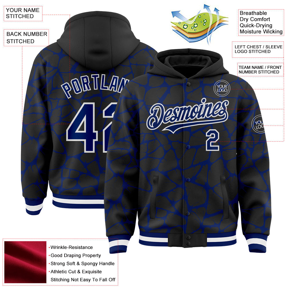 Custom Black Royal-White Abstract Network Bomber Full-Snap Varsity Letterman Hoodie Jacket view 4