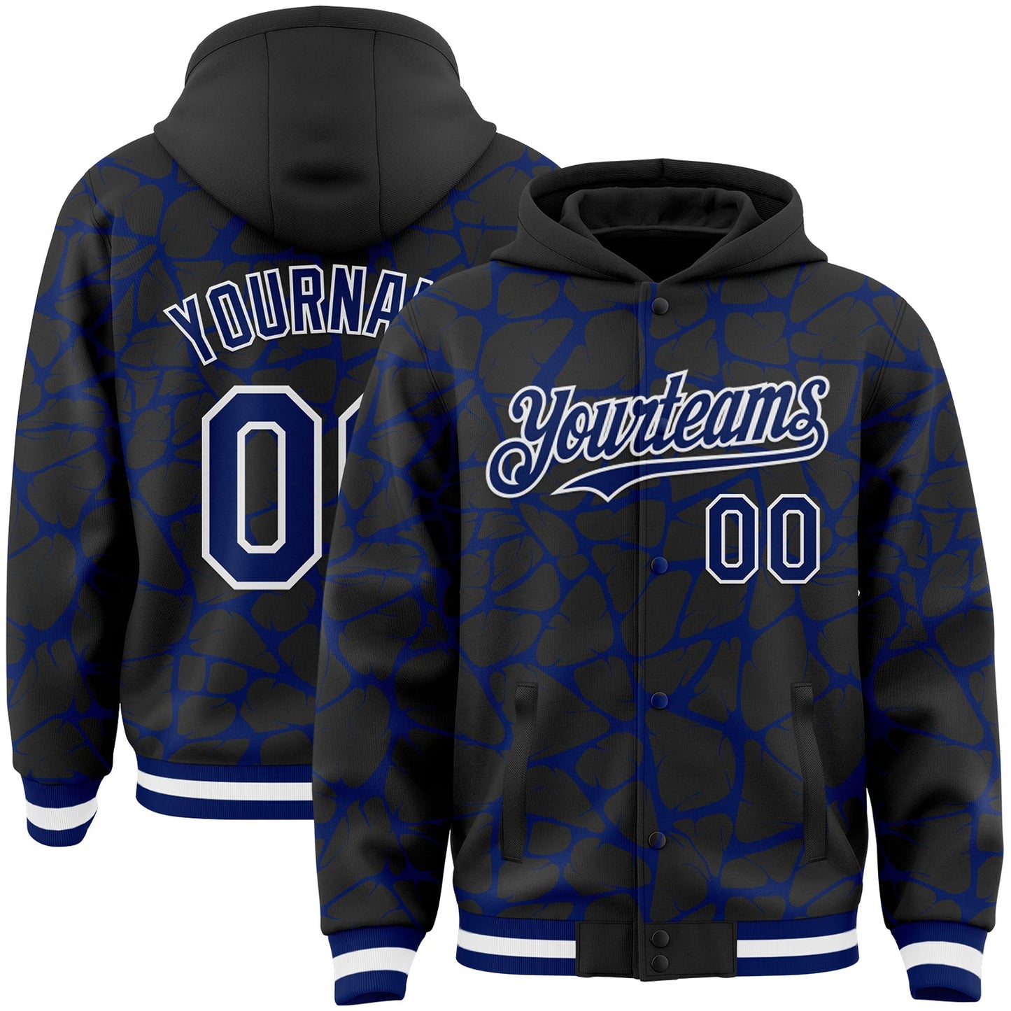Custom Black Royal-White Abstract Network Bomber Full-Snap Varsity Letterman Hoodie Jacket - Main View