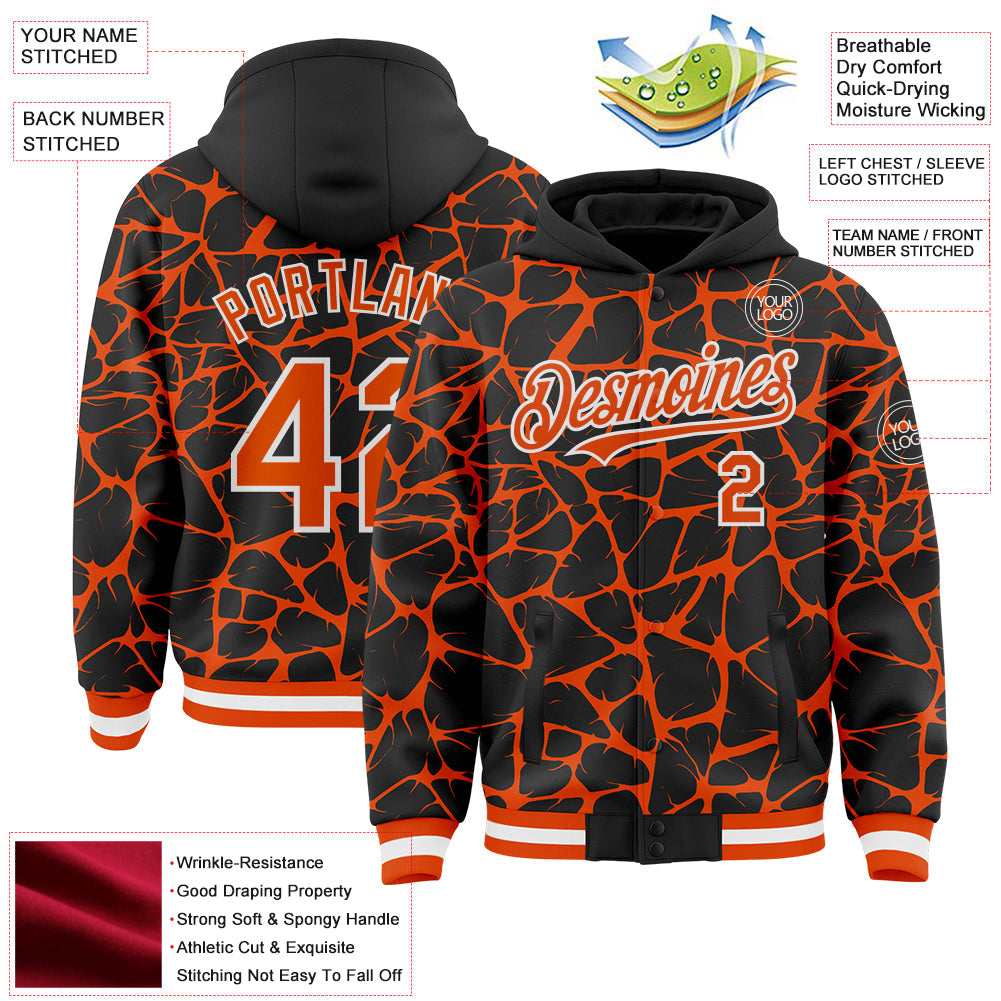 Custom Black Orange-White Abstract Network Bomber Full-Snap Varsity Letterman Hoodie Jacket view 4