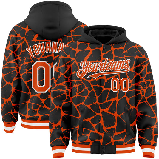 Custom Black Orange-White Abstract Network Bomber Full-Snap Varsity Letterman Hoodie Jacket - Main View