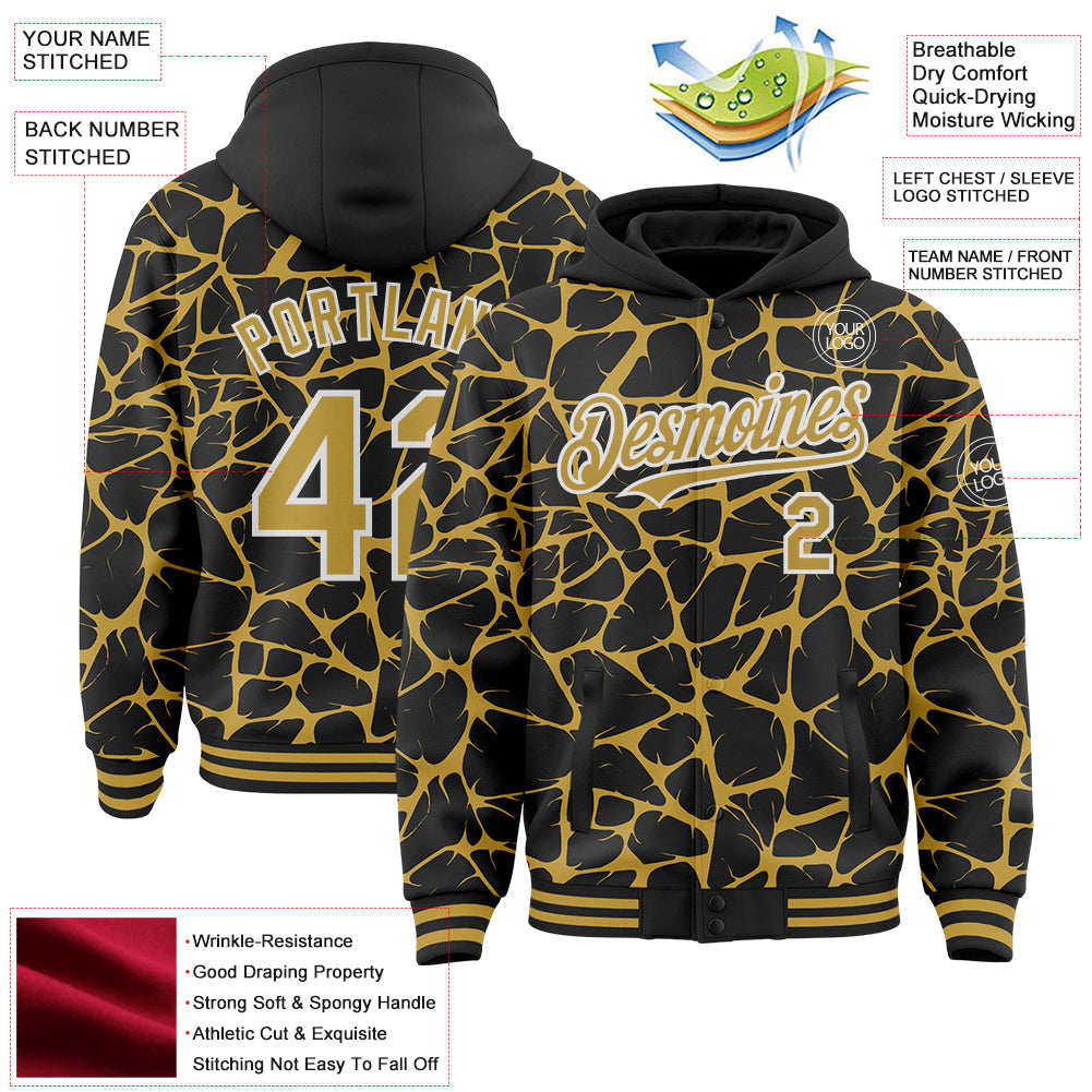 Custom Black Old Gold-White Abstract Network Bomber Full-Snap Varsity Letterman Hoodie Jacket view 4