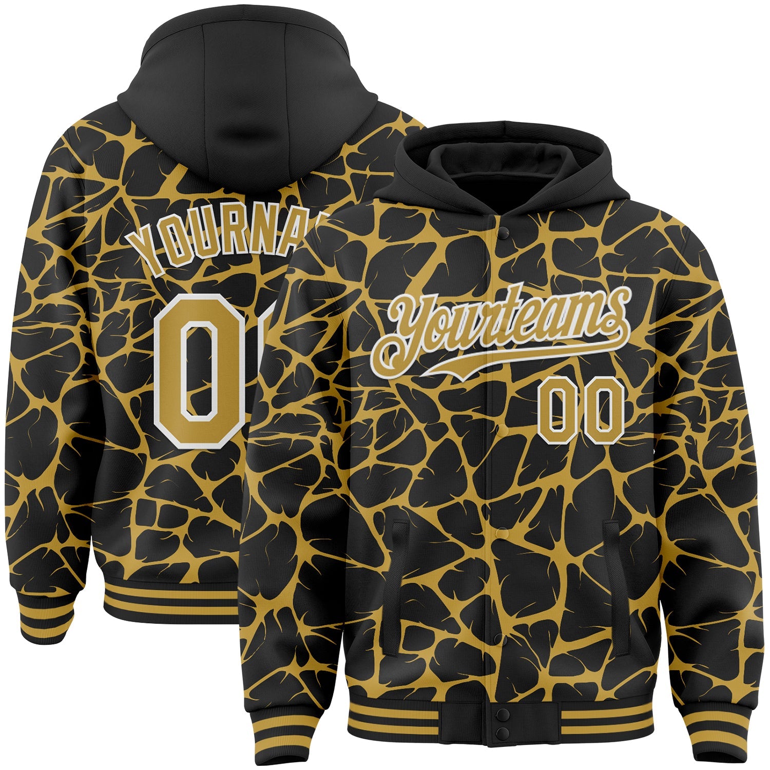 Custom Black Old Gold-White Abstract Network Bomber Full-Snap Varsity Letterman Hoodie Jacket - Main View
